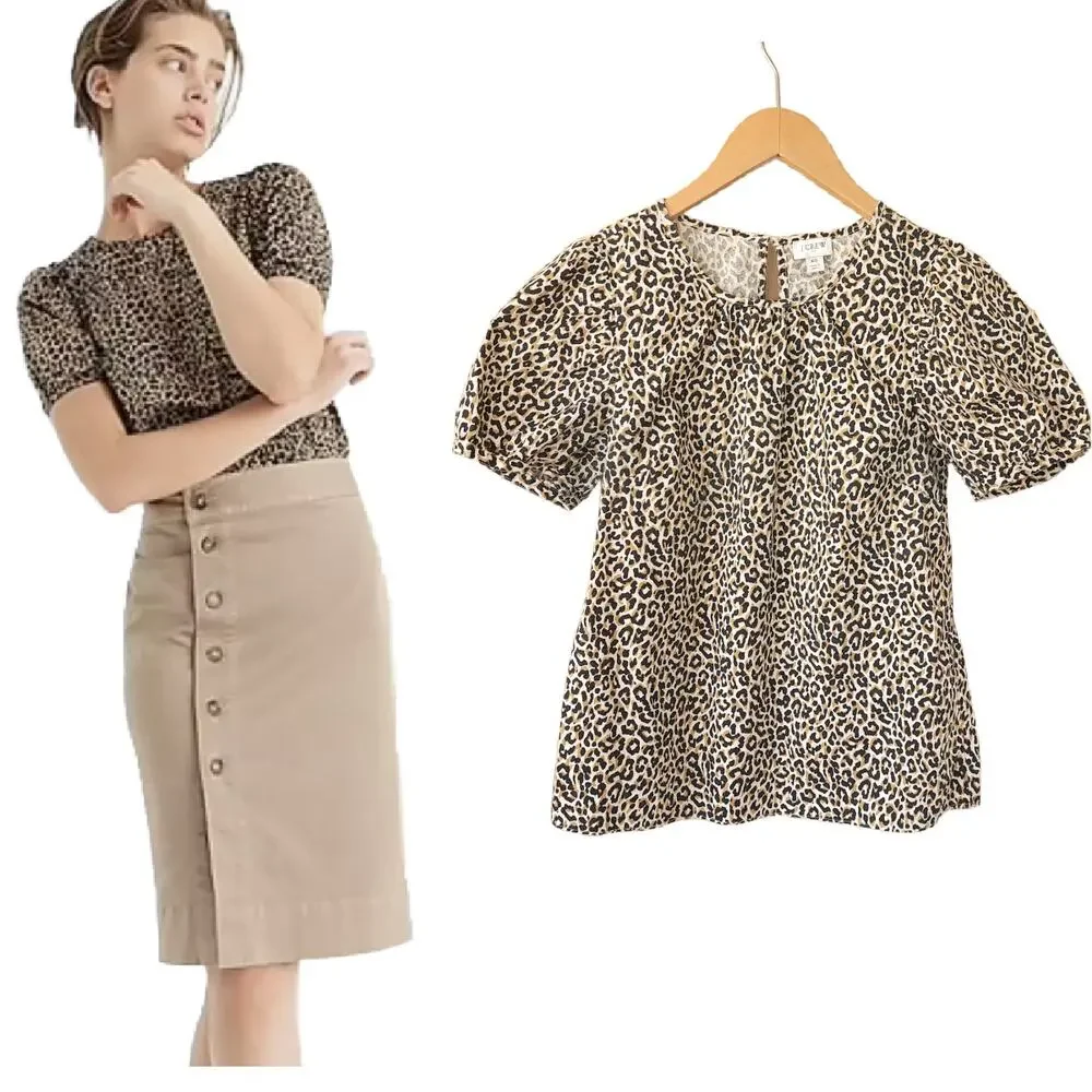 J CREW Leopard Puff-sleeve Top XS (runs big) Stretch Cotton Poplin Tan Black